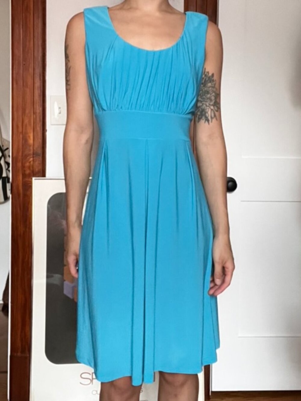Blue Scoop Neck Ruched Dress